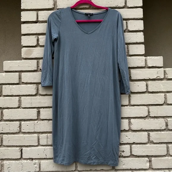 Eileen Fisher | Dresses | Eileen Fisher Viscosejersey Threequartersleeve Vneck  Dress In Blue Size Xs | Poshmark